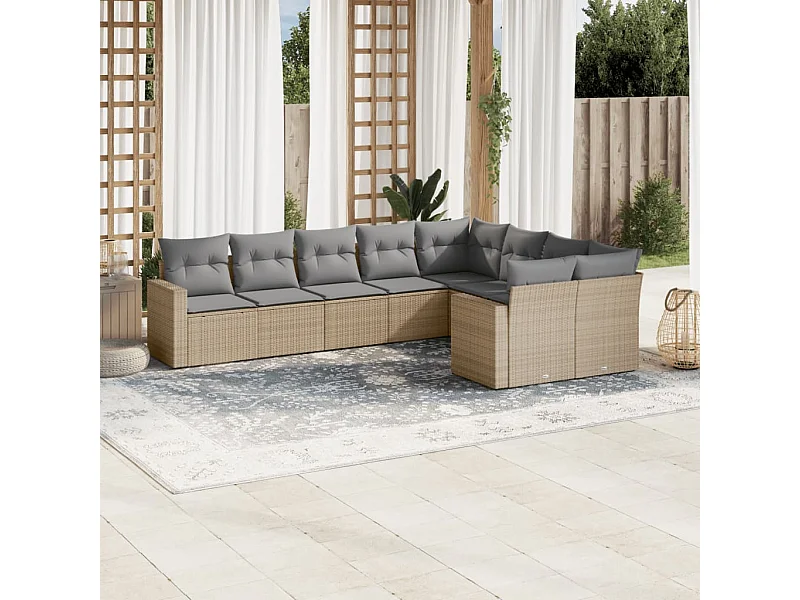 Salon de jardin avec coussins 9 pcs beige résine tressée