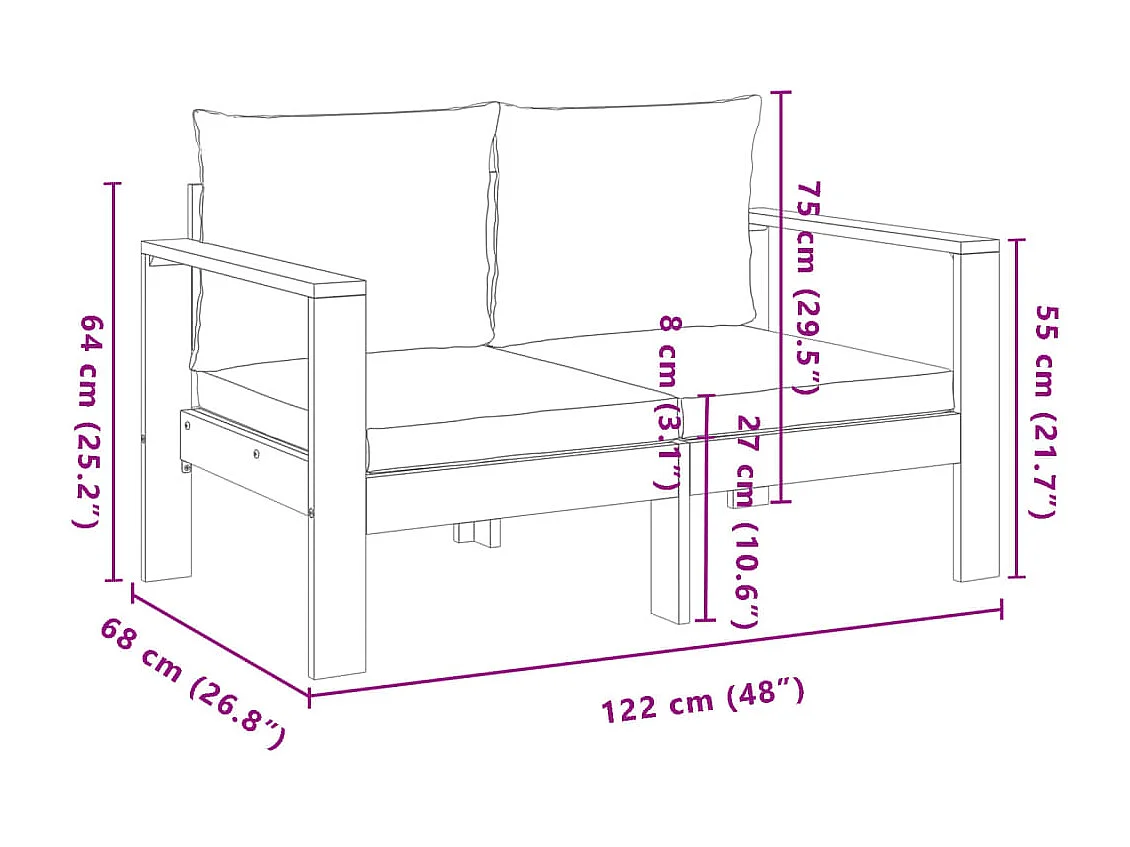 Canapé de jardin avec coussins 2 places bois massif d'acacia