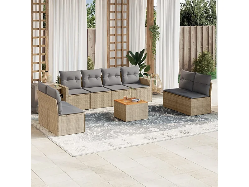 Salon de jardin avec coussins 9 pcs beige résine tressée