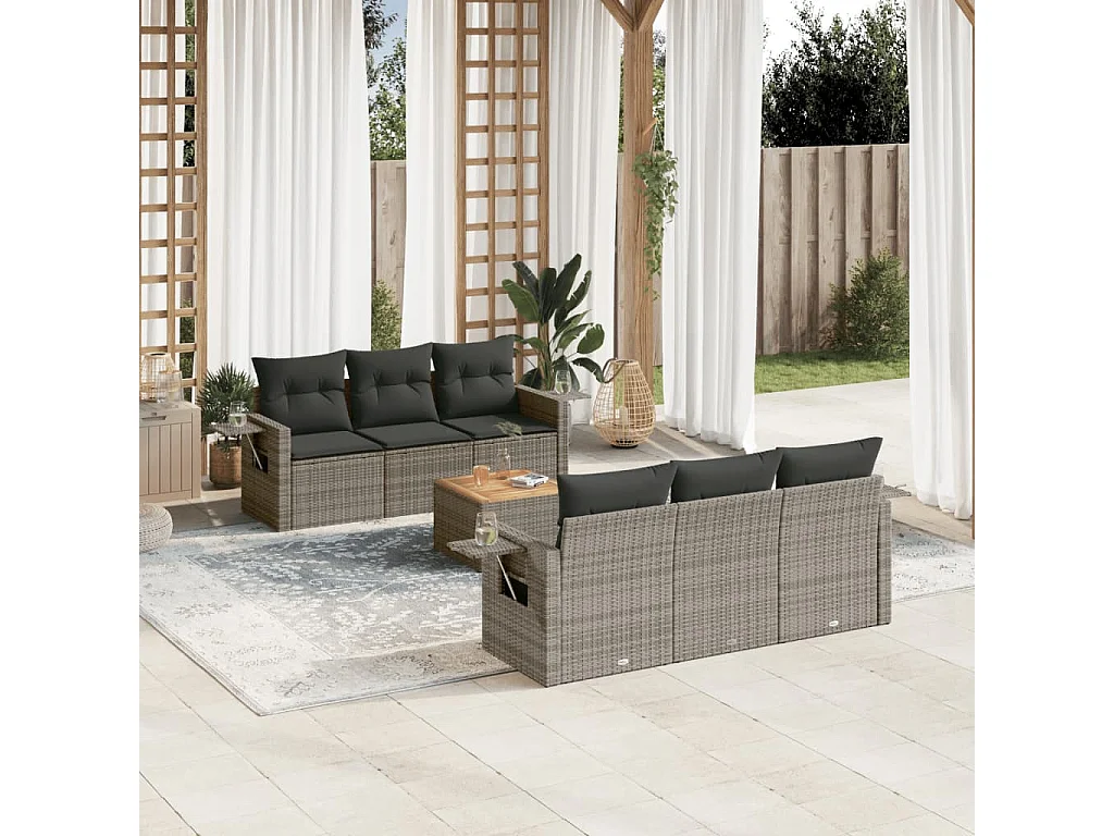 Salon de jardin avec coussins 7 pcs gris résine tressée
