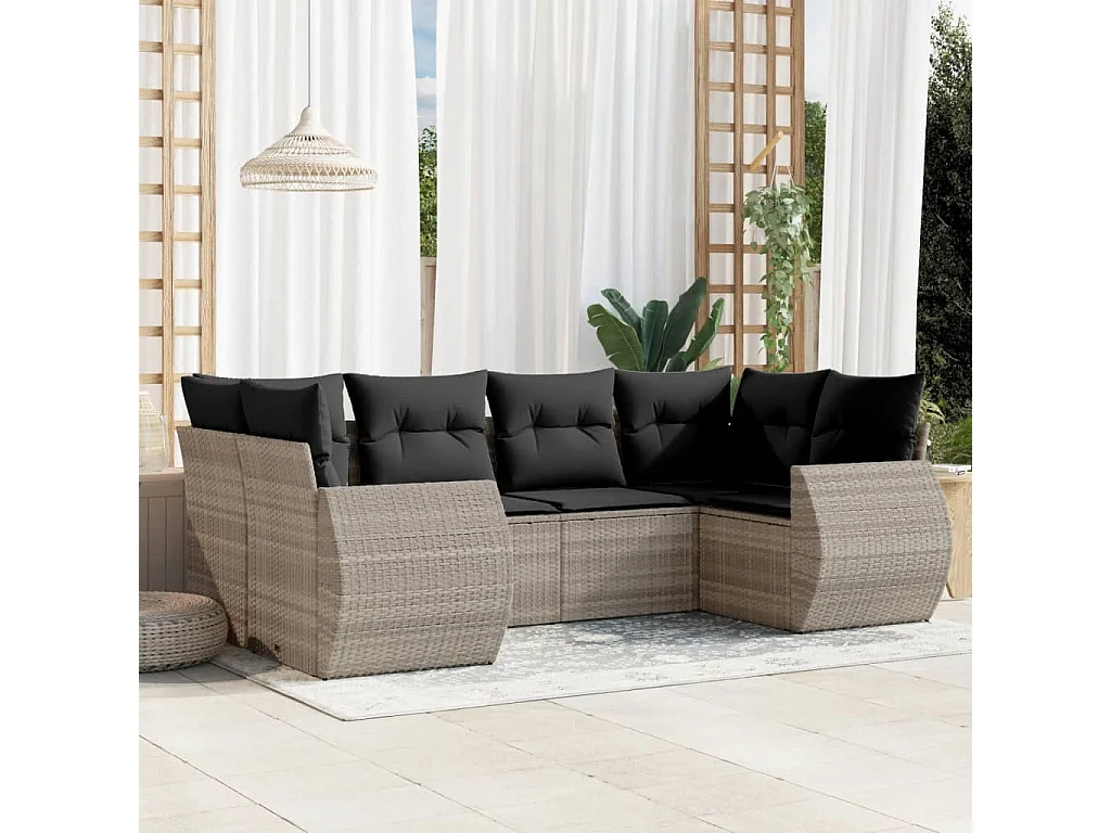 Muebles de jardín de 6 piezas con cojines de resina tejida en gris claro.