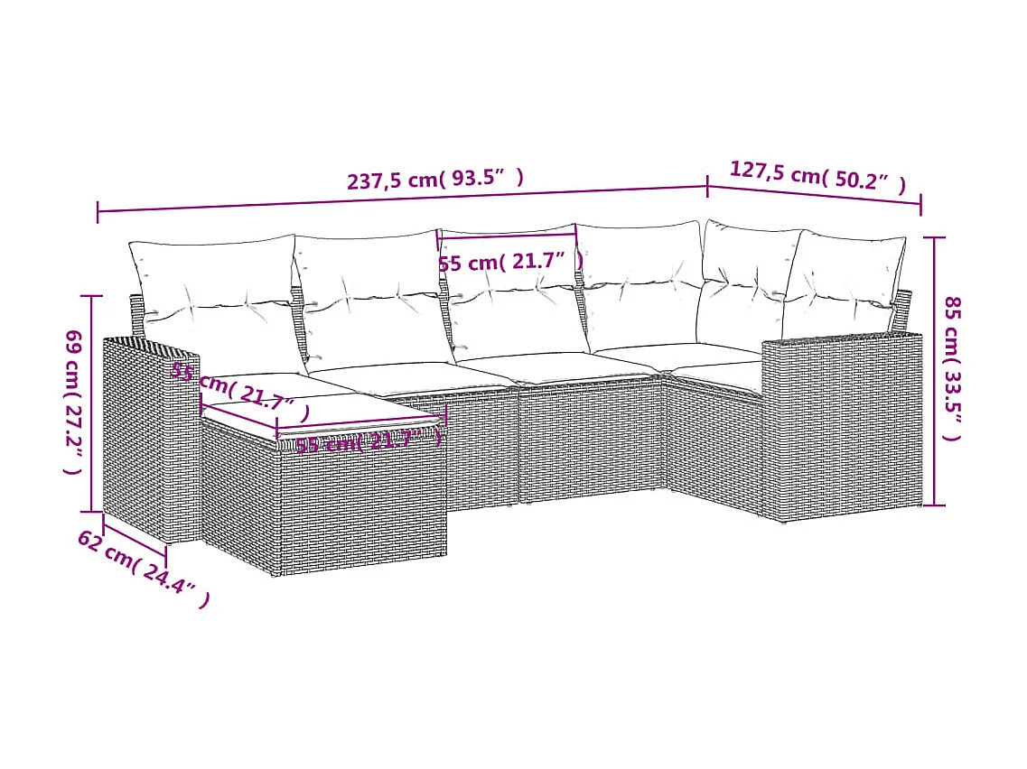 Salon de jardin avec coussins 6 pcs marron résine tressée
