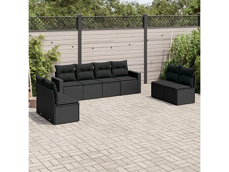 Salon de jardin 8 pcs avec coussins noir résine tressée