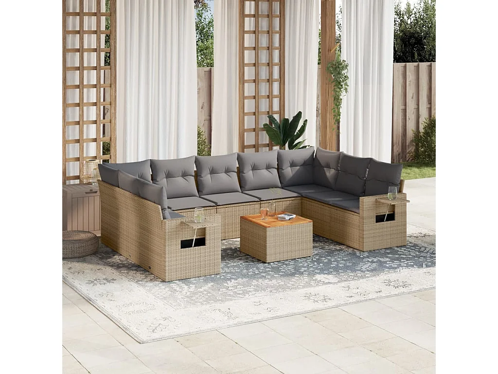 Móveis de jardim com almofadas 10 unidades de resina tecida bege