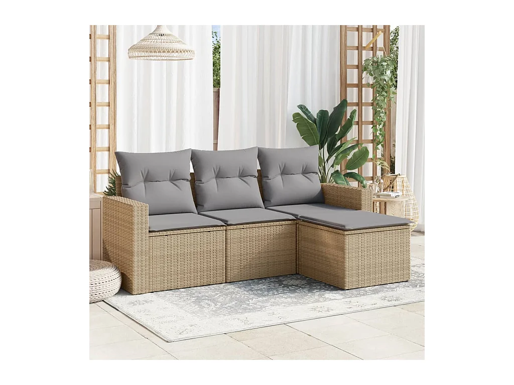 Mobile da giardino con cuscini 4 pz in resina intrecciata beige