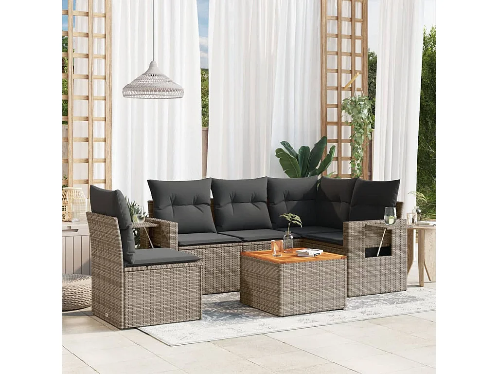 Salon de jardin 6 pcs avec coussins gris résine tressée