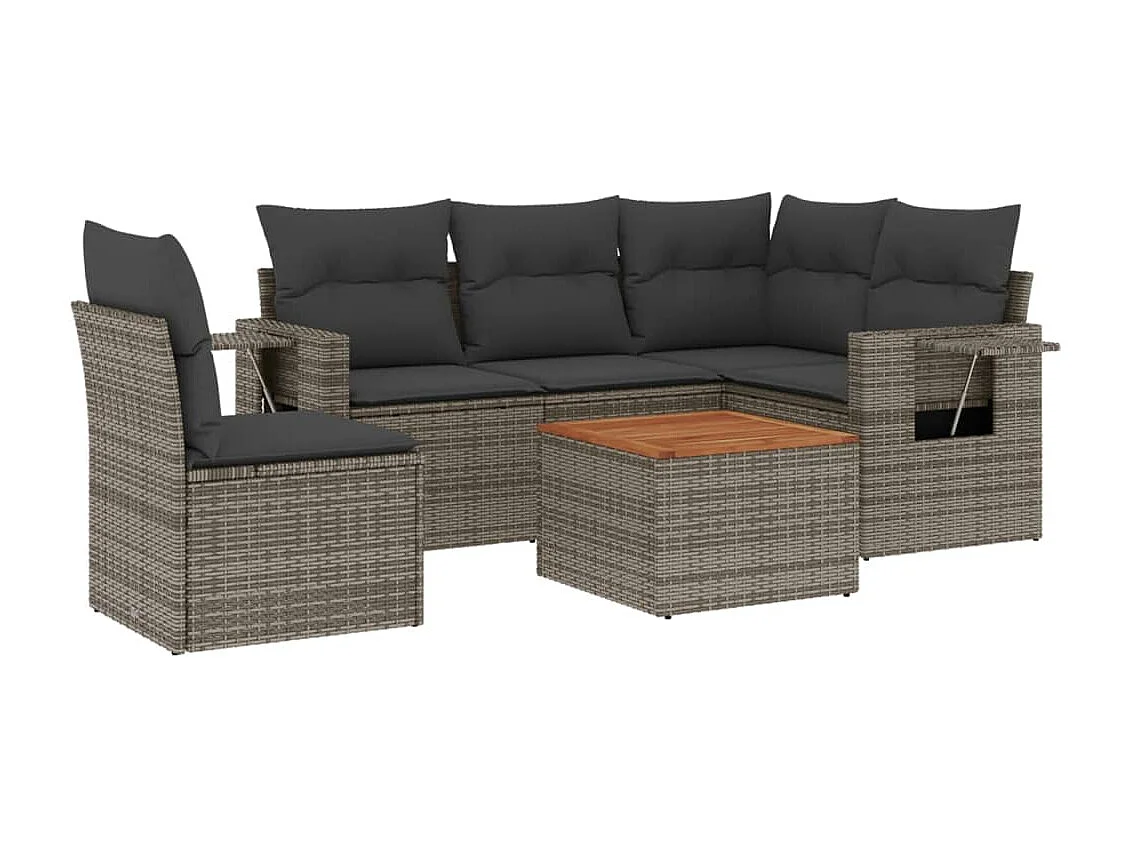 Salon de jardin 6 pcs avec coussins gris résine tressée