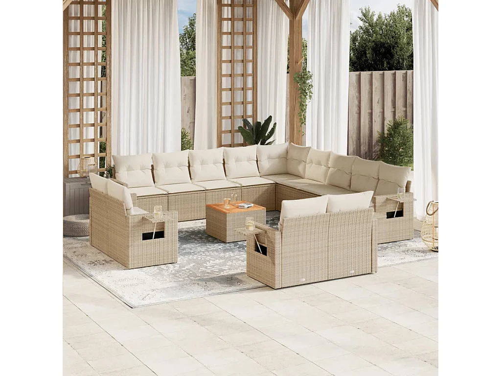 Muebles de jardín con cojines 14 piezas resina tejida beige