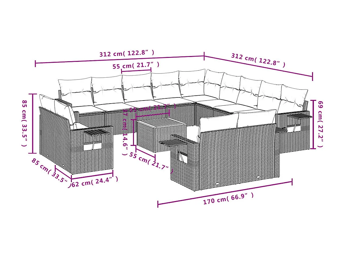 Muebles de jardín con cojines 14 piezas resina tejida beige