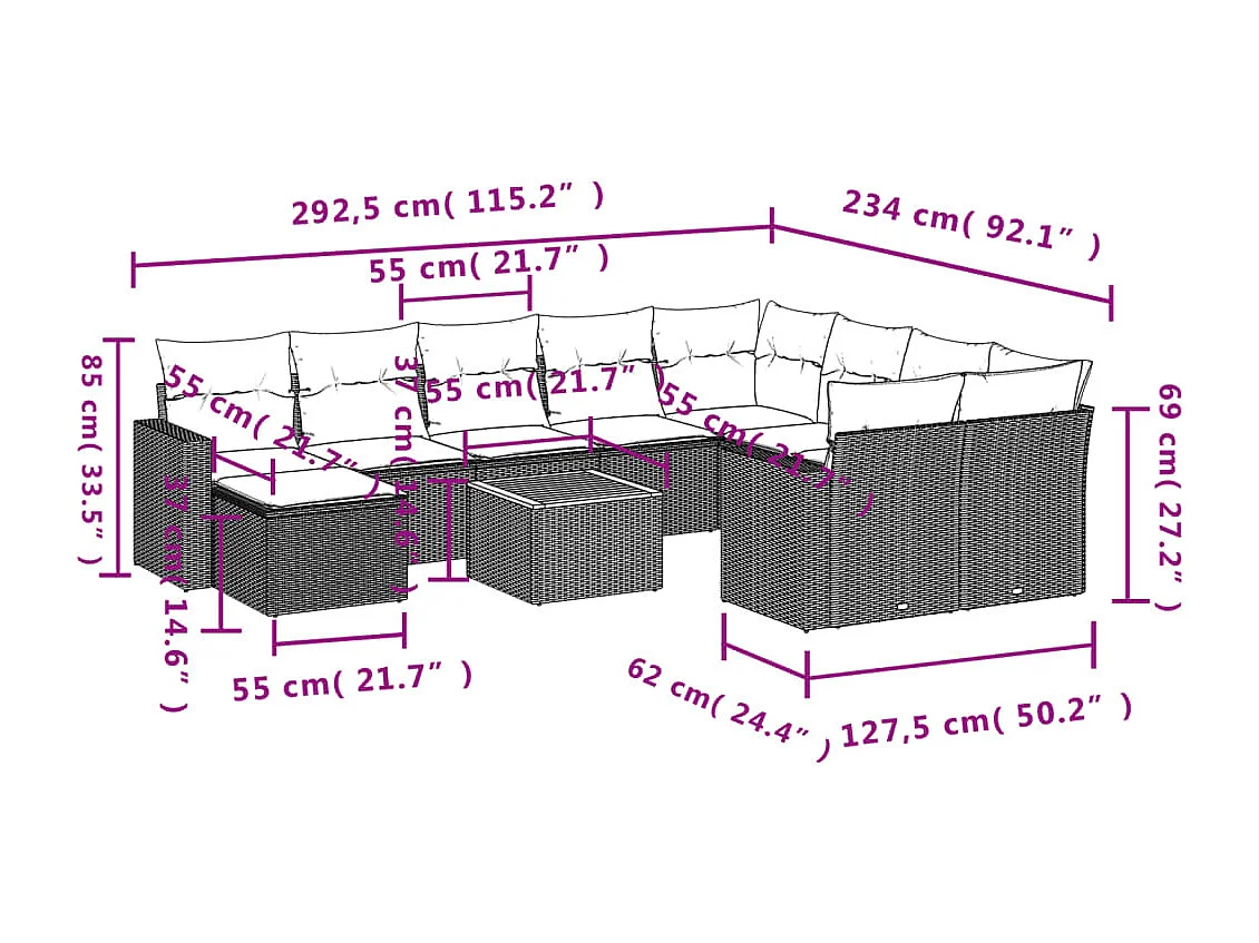 Mobili da giardino da 11 pezzi con cuscini in resina intrecciata nera