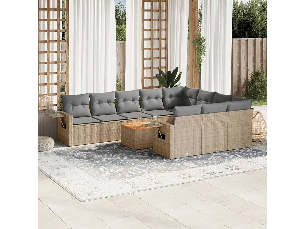 Salon de jardin 11 pcs avec coussins beige résine tressée