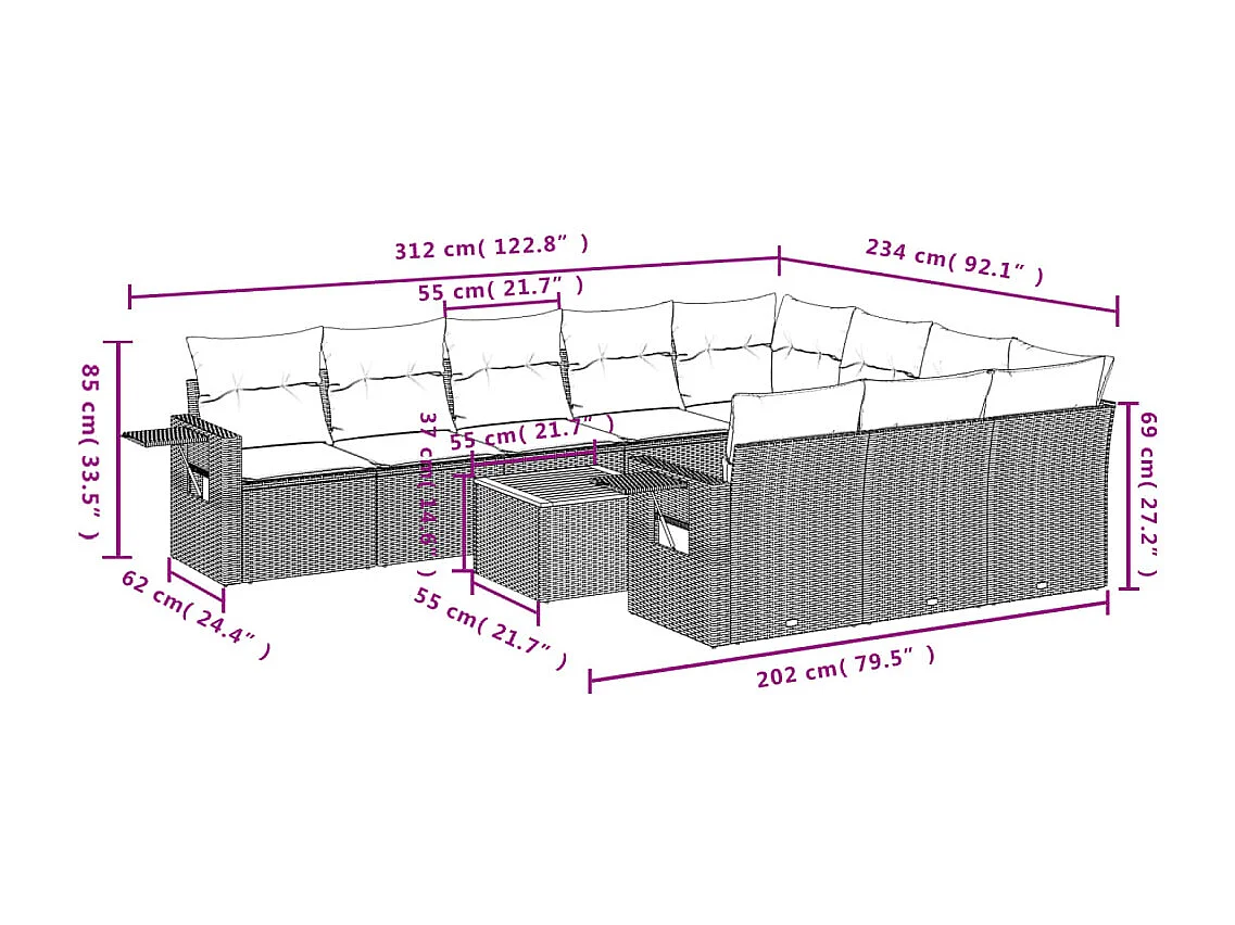 Salon de jardin 11 pcs avec coussins beige résine tressée
