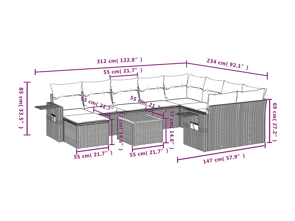 Salon de jardin 11 pcs avec coussins gris résine tressée