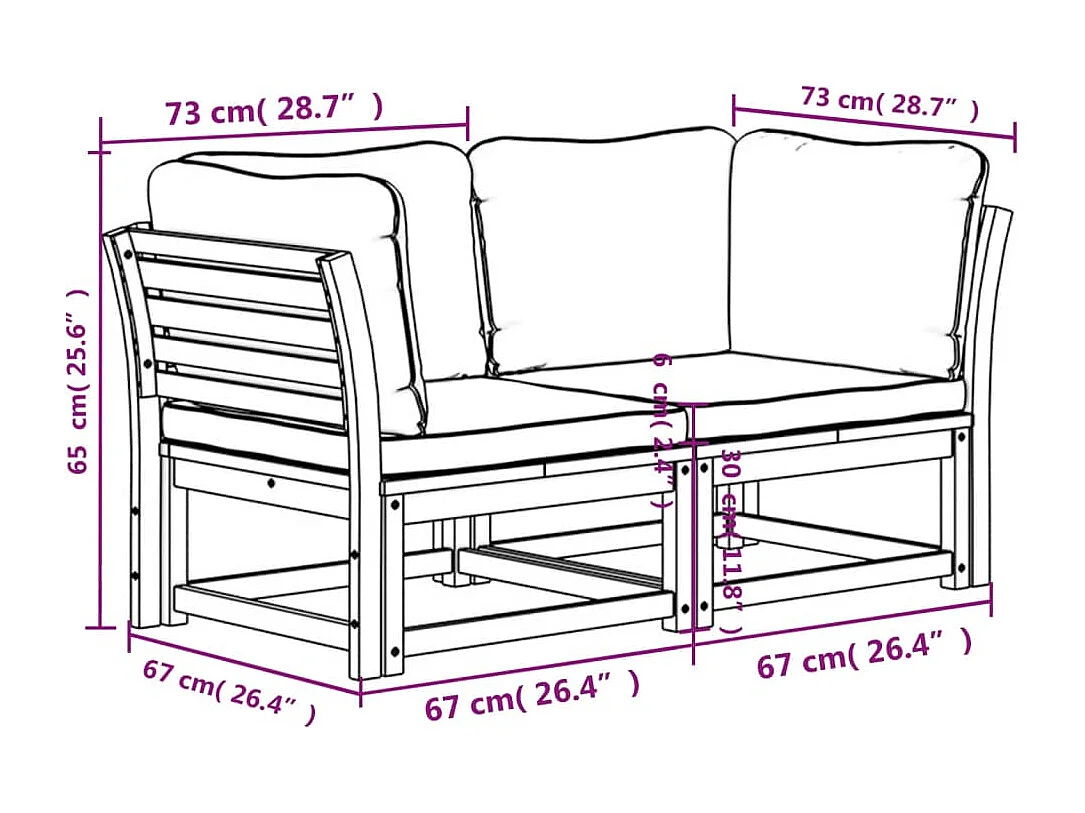 Sofá de jardim com almofadas de 2 lugares em madeira maciça de acácia