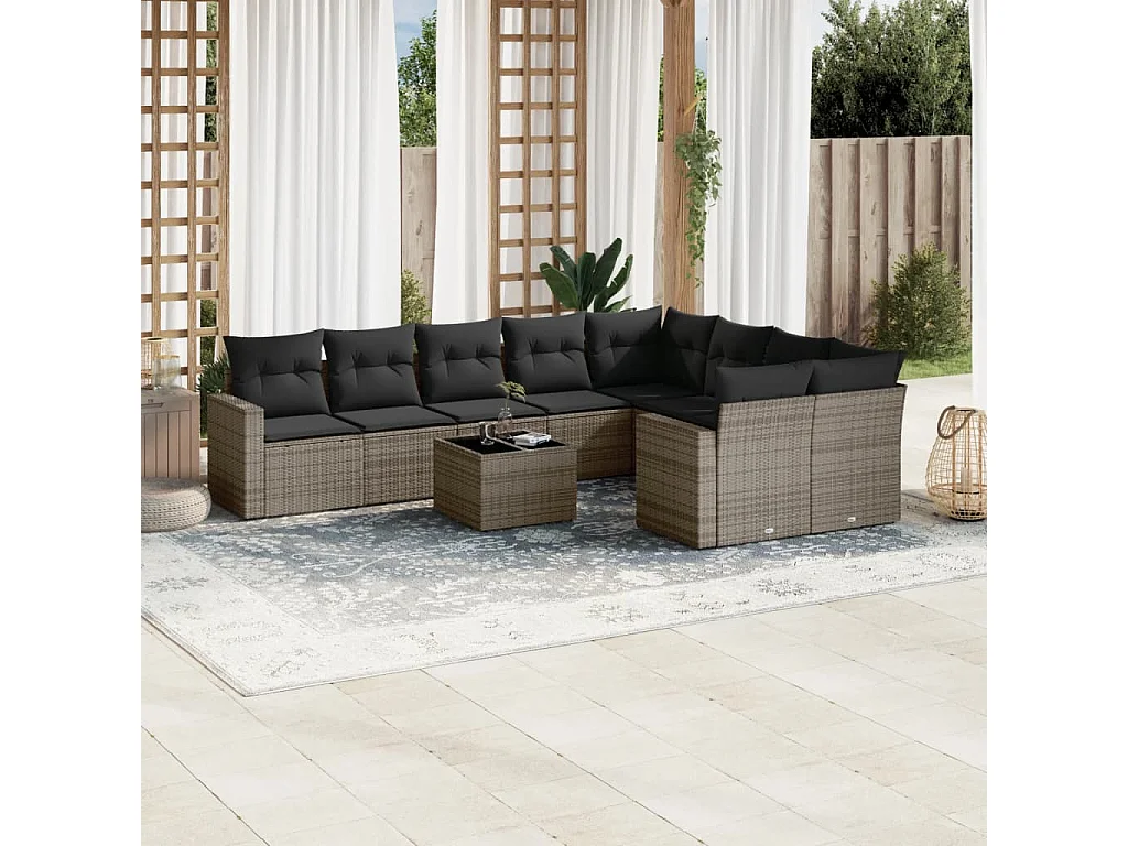 Gartenmöbel mit Kissen, 10 Stück, graues Kunstharzgeflecht