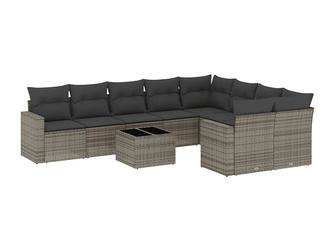 Gartenmöbel mit Kissen, 10 Stück, graues Kunstharzgeflecht