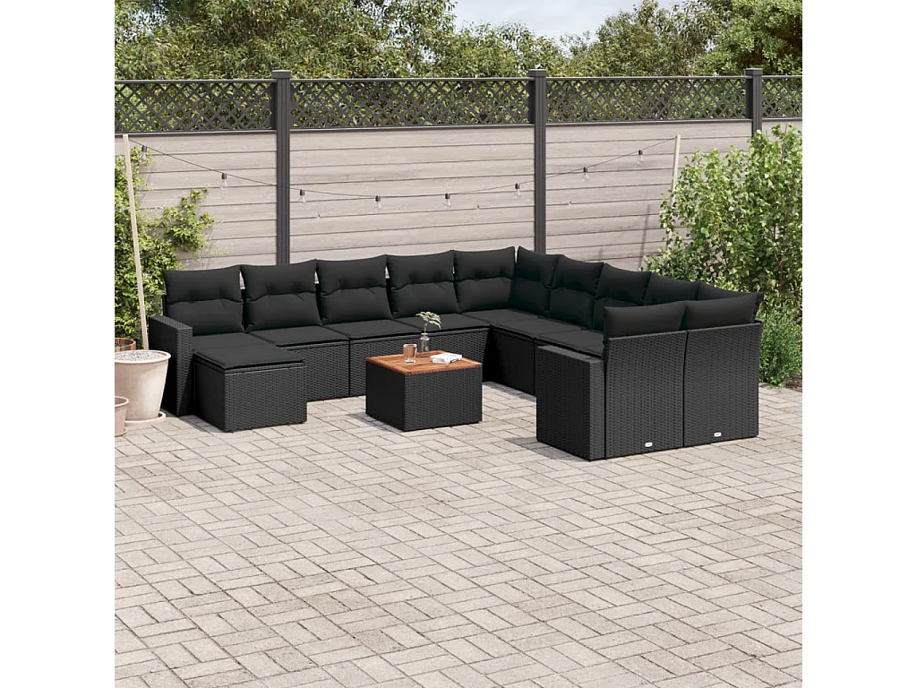 Salon de jardin 12 pcs avec coussins noir résine tressée