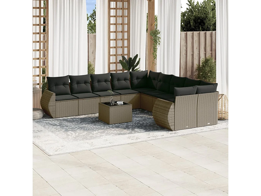 Mobili da giardino 11 pezzi con cuscini in resina intrecciata grigio chiaro