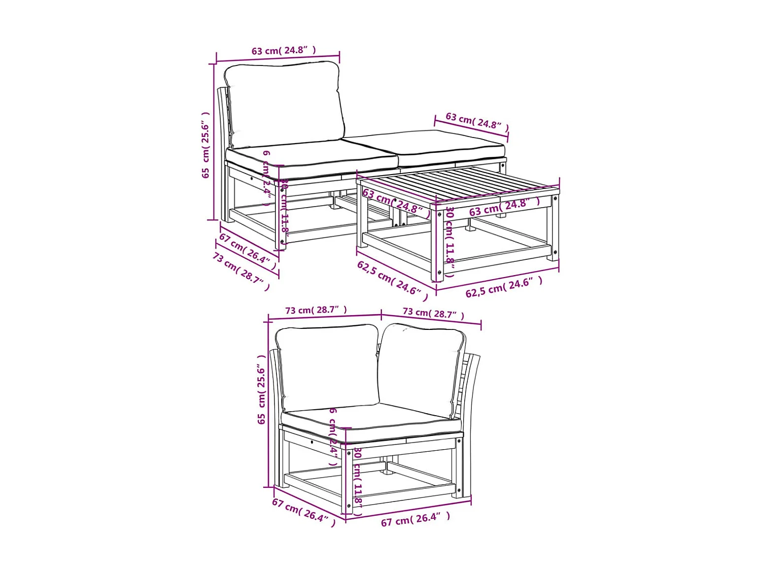 muebles de jardín con cojines. Madera maciza de acacia.