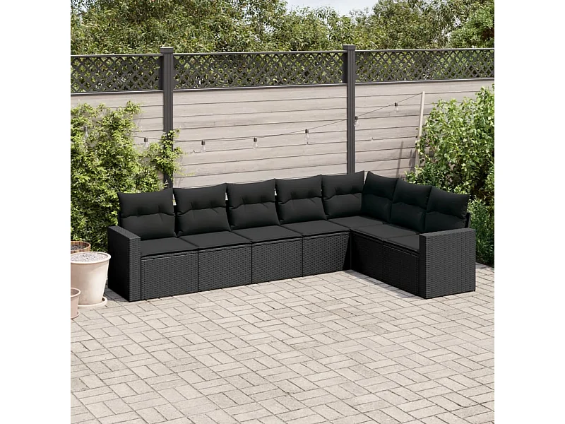 Salon de jardin 7 pcs avec coussins noir résine tressée