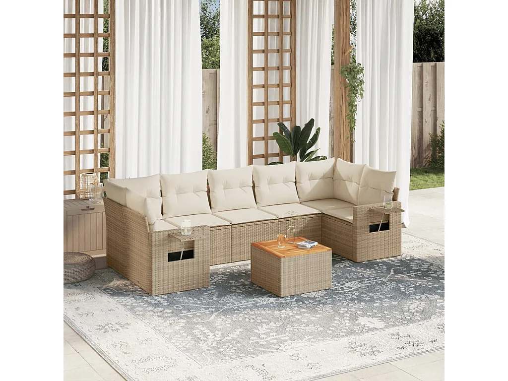 Salon de jardin avec coussins 8 pcs beige résine tressée