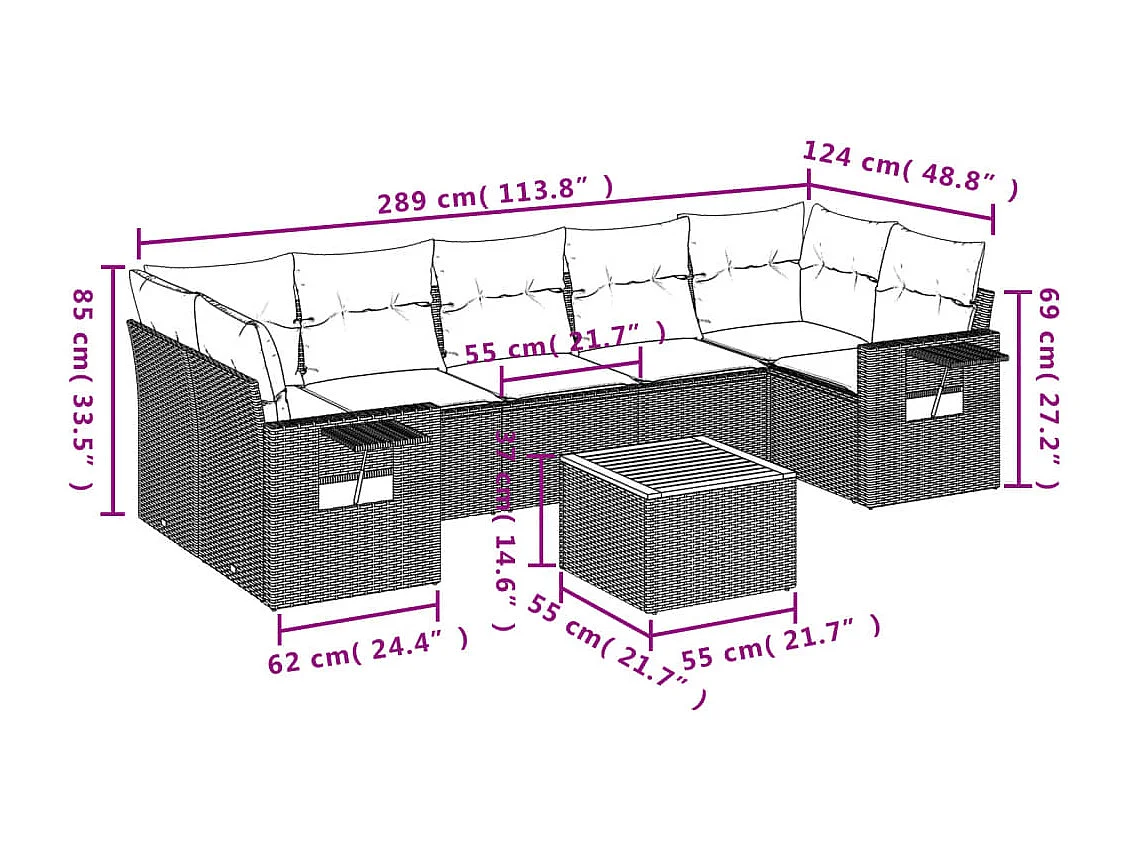 Salon de jardin avec coussins 8 pcs beige résine tressée