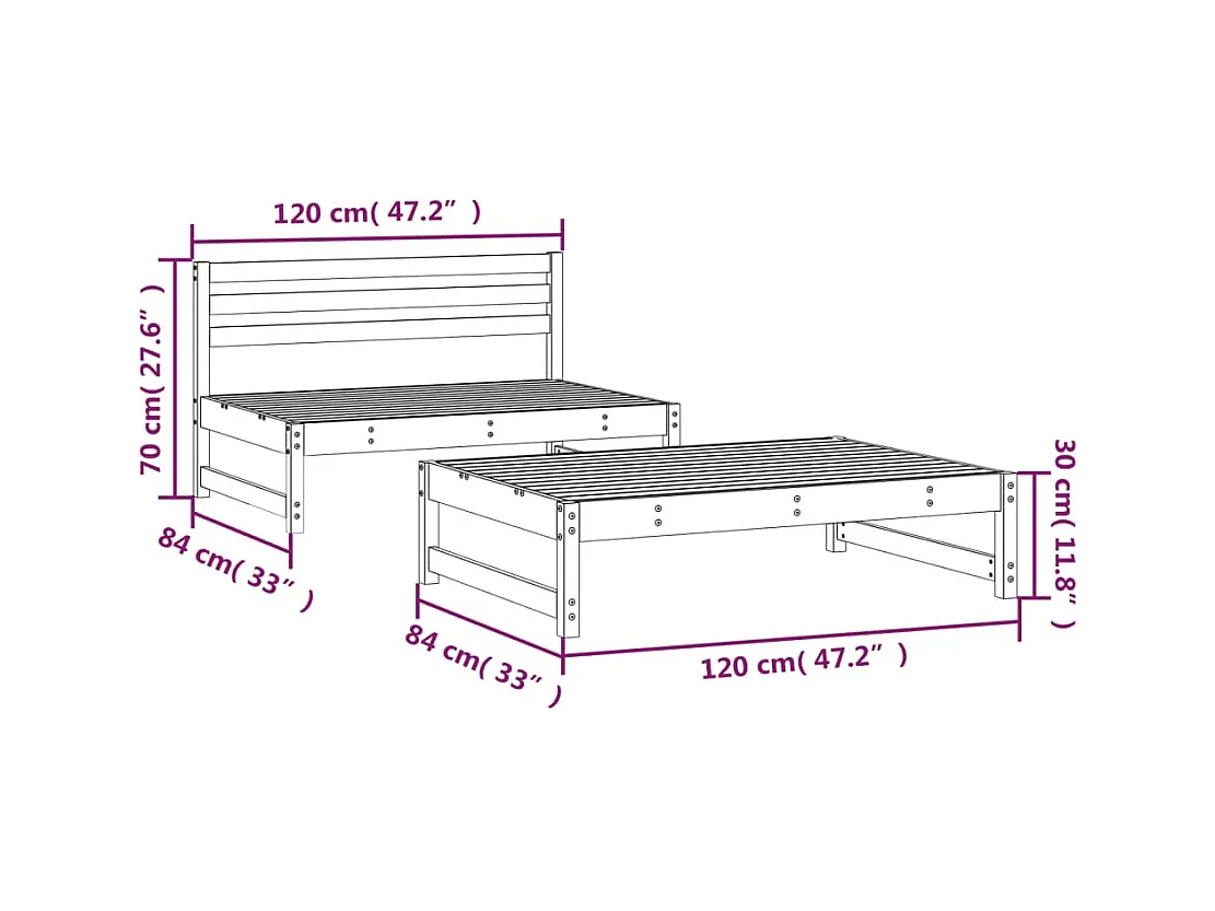 Salon de jardin 2 pcs blanc bois de pin massif