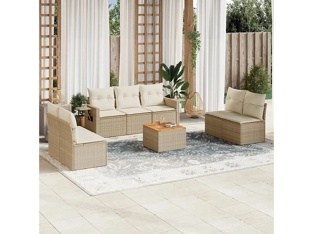 Salon de jardin avec coussins 8 pcs beige résine tressée