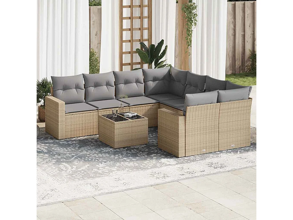Salon de jardin avec coussins 9 pcs beige résine tressée
