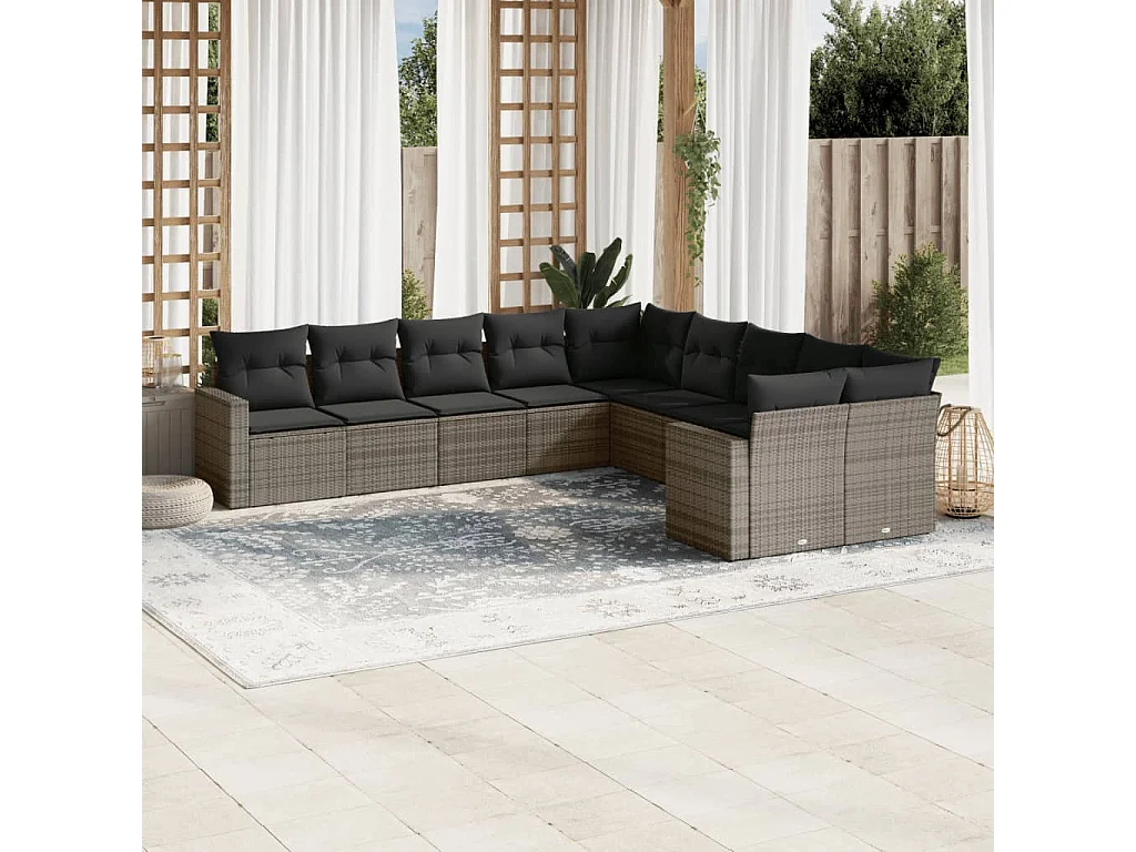 Salon de jardin avec coussins 10 pcs gris résine tressée