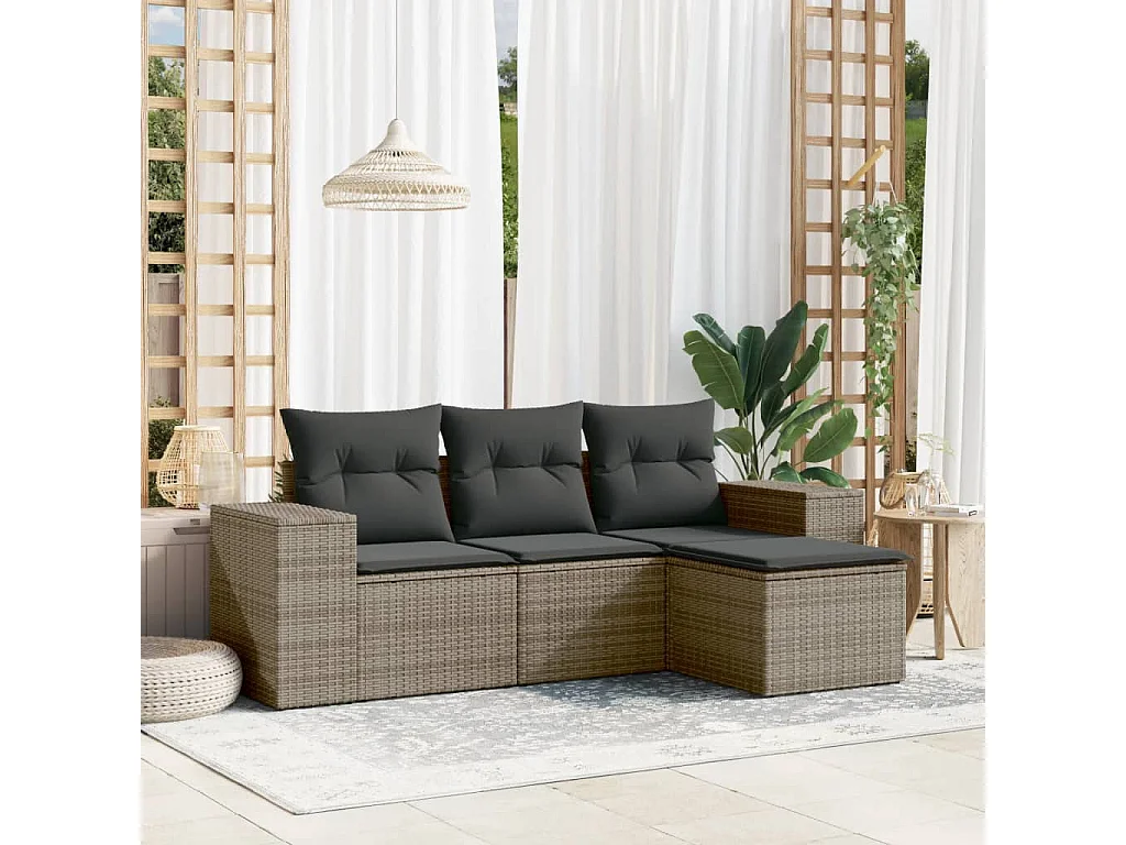 Muebles de jardín de 4 piezas con cojines de resina tejida gris.