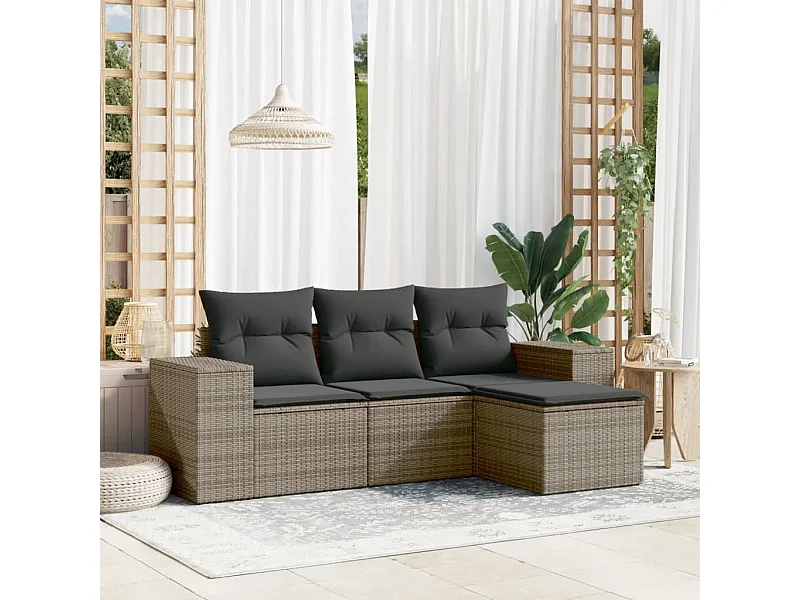 Salon de jardin 4 pcs avec coussins gris résine tressée