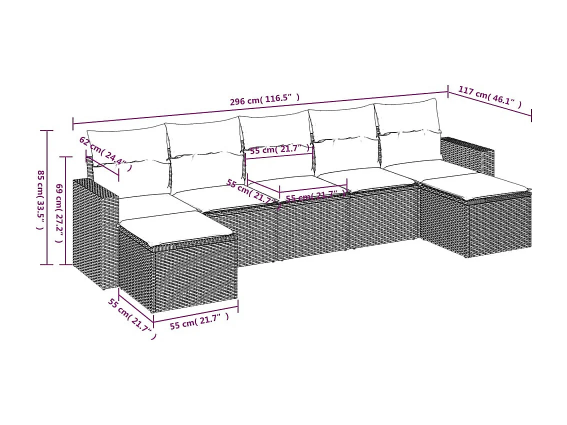Salon de jardin avec coussins 7 pcs gris résine tressée