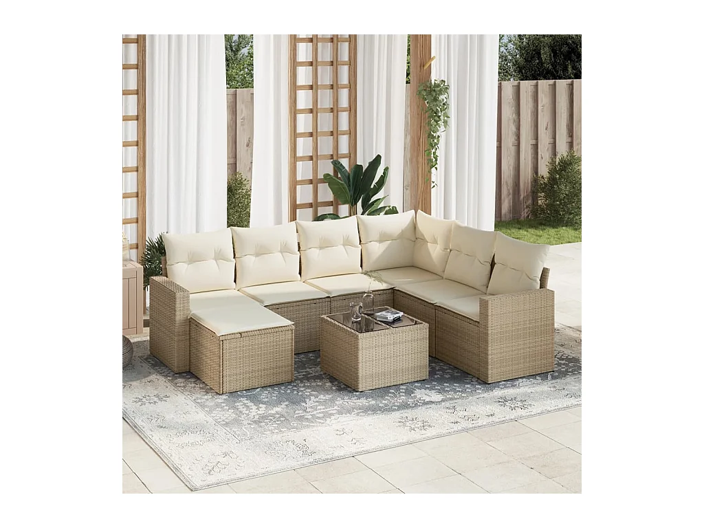 Mobile da giardino con cuscini 8 pz in resina intrecciata beige