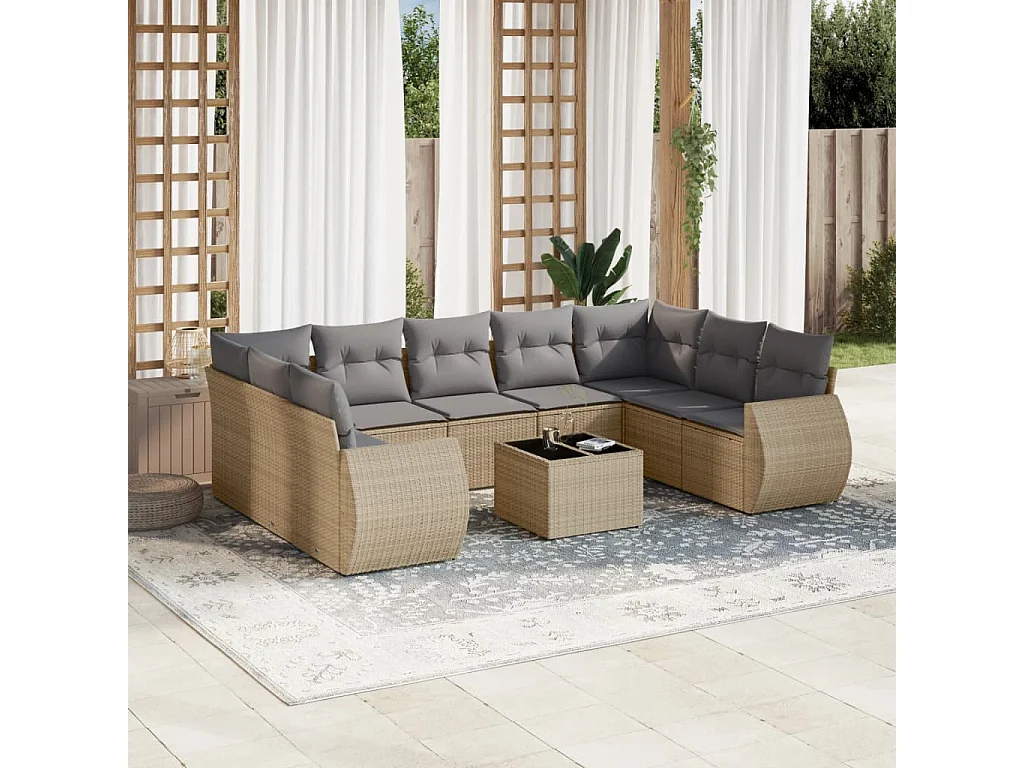 Gartenmöbel mit Kissen 10 Stück beige gewebtes Harz