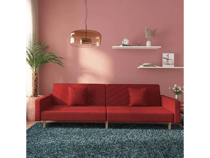 Sofá-cama 2 lugares com duas almofadas tecido vermelho tinto