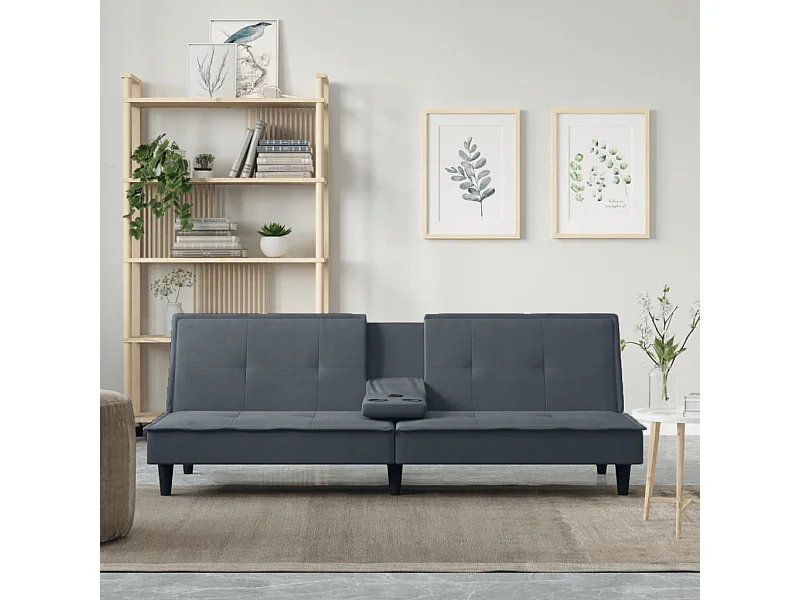 Canapé-lit avec porte-gobelets gris foncé velours