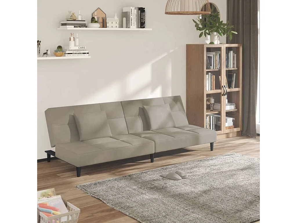 Sofá-cama 2 lugares com duas almofadas veludo cinzento-claro