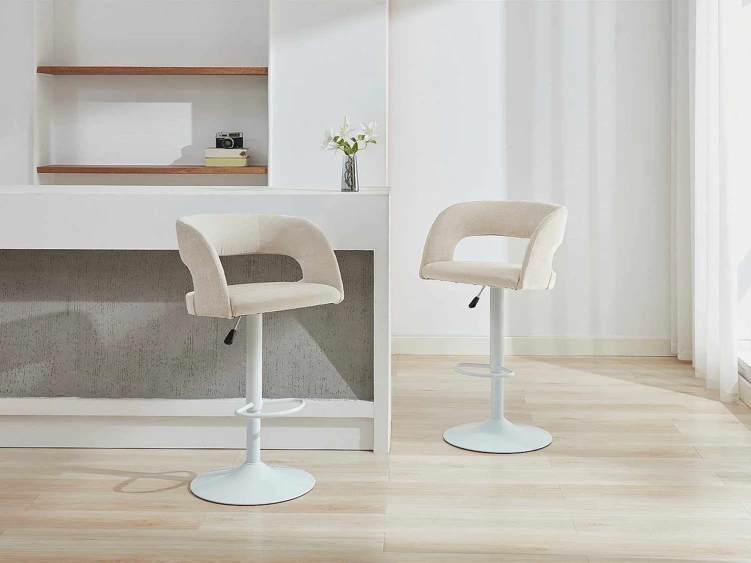 Lot de 2 tabourets de bar en tissu et métal blanc - Hauteur réglable - Crème - LAJUNIA