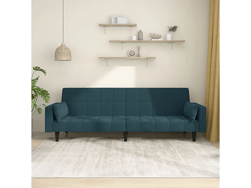 Sofá-cama 2 lugares com duas almofadas veludo azul