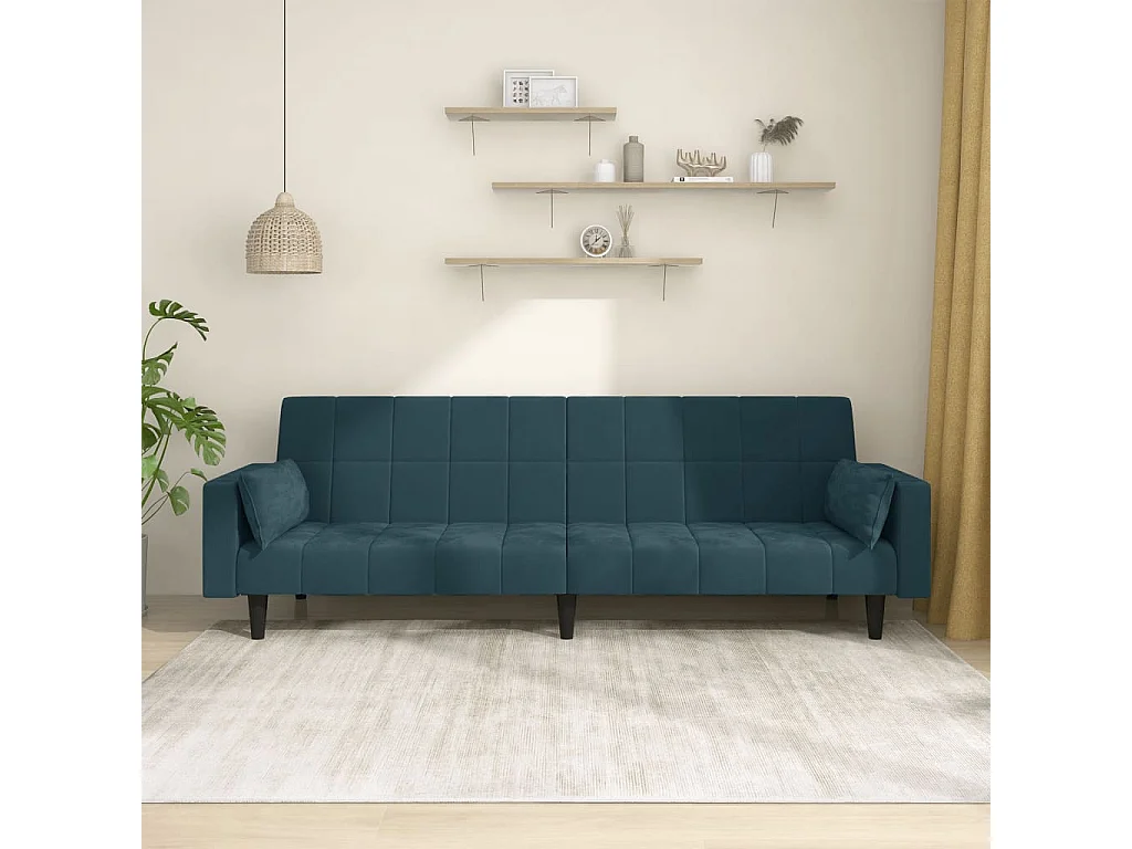Divano Letto a 2 Posti con 2 Cuscini Blu in Velluto
