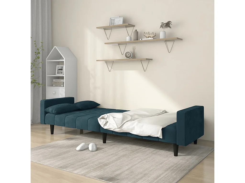 Divano Letto a 2 Posti con 2 Cuscini Blu in Velluto