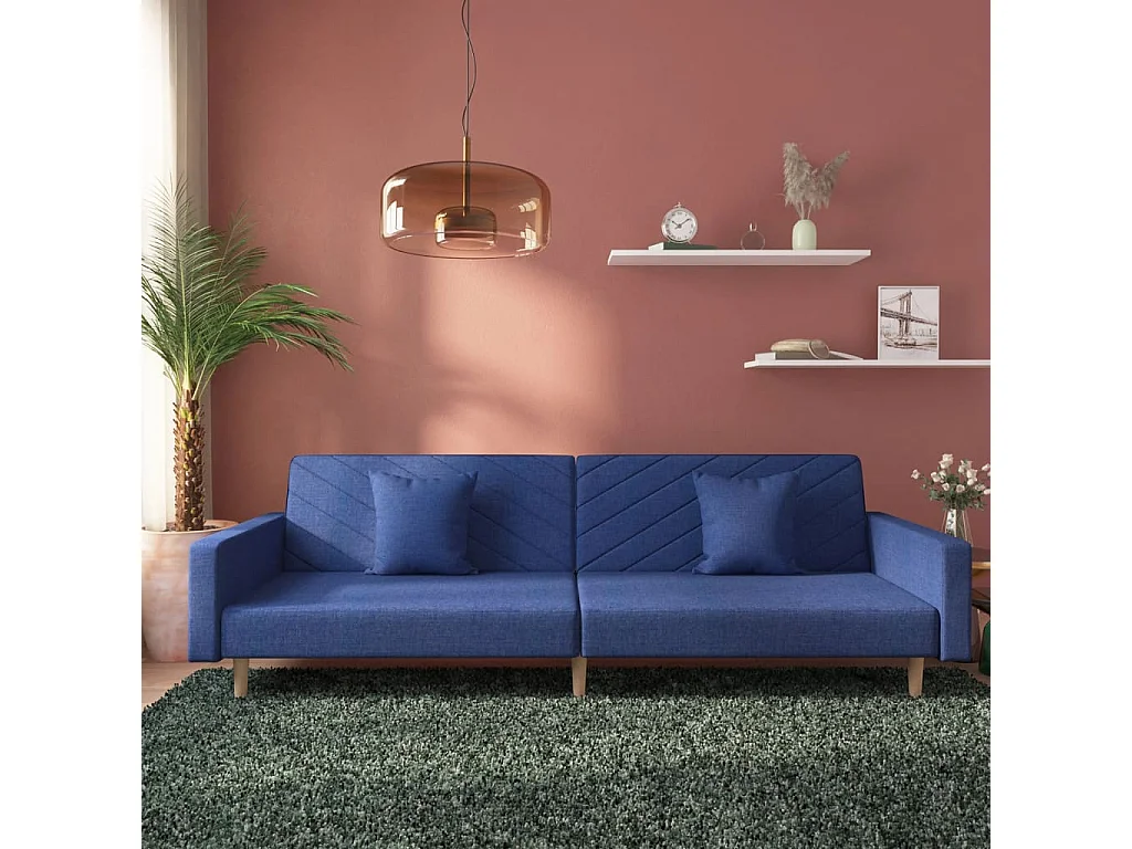 Sofá-cama 2 lugares com duas almofadas tecido azul