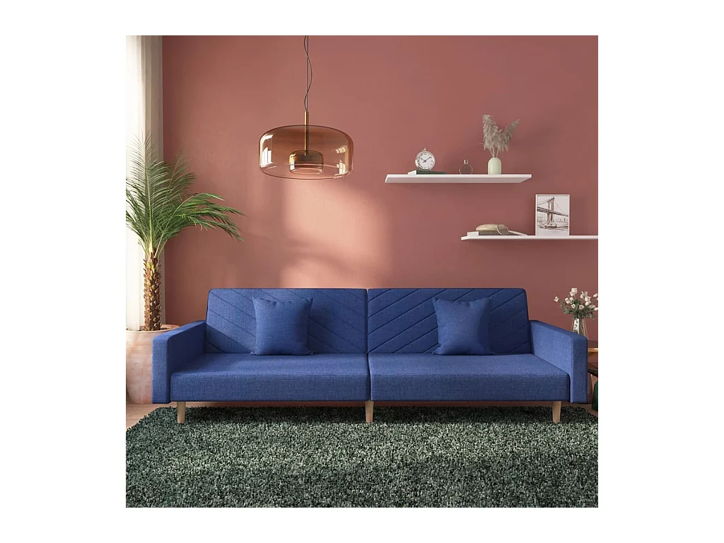 Canapé-lit à 2 places avec deux oreillers bleu tissu