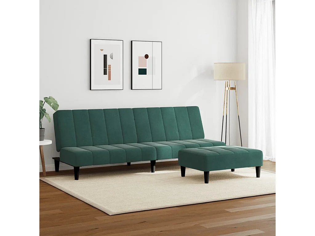Canapé-lit à 2 places avec repose-pied vert foncé velours