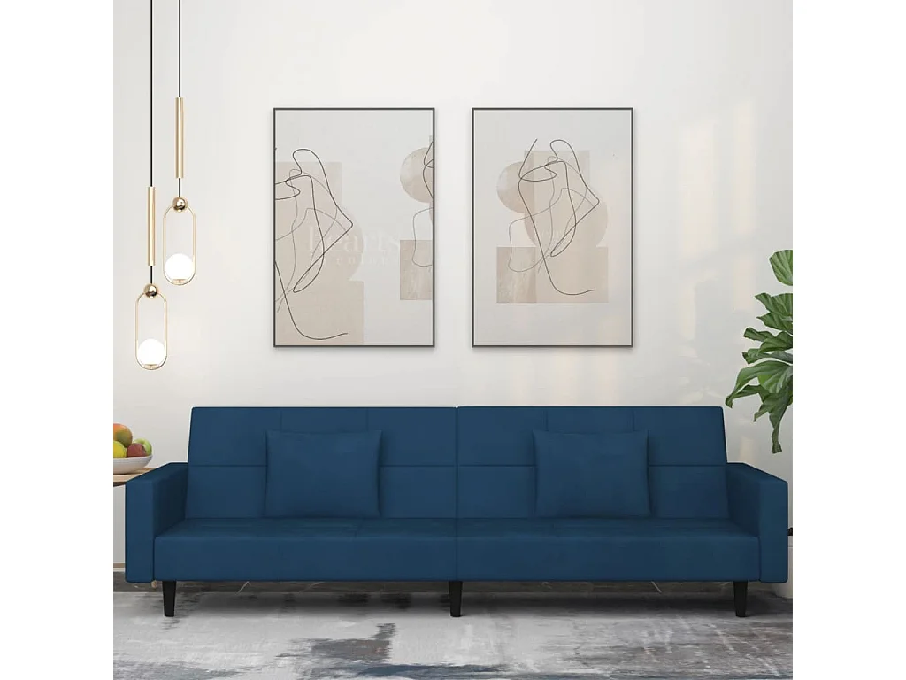 Canapé-lit à 2 places avec deux oreillers bleu velours