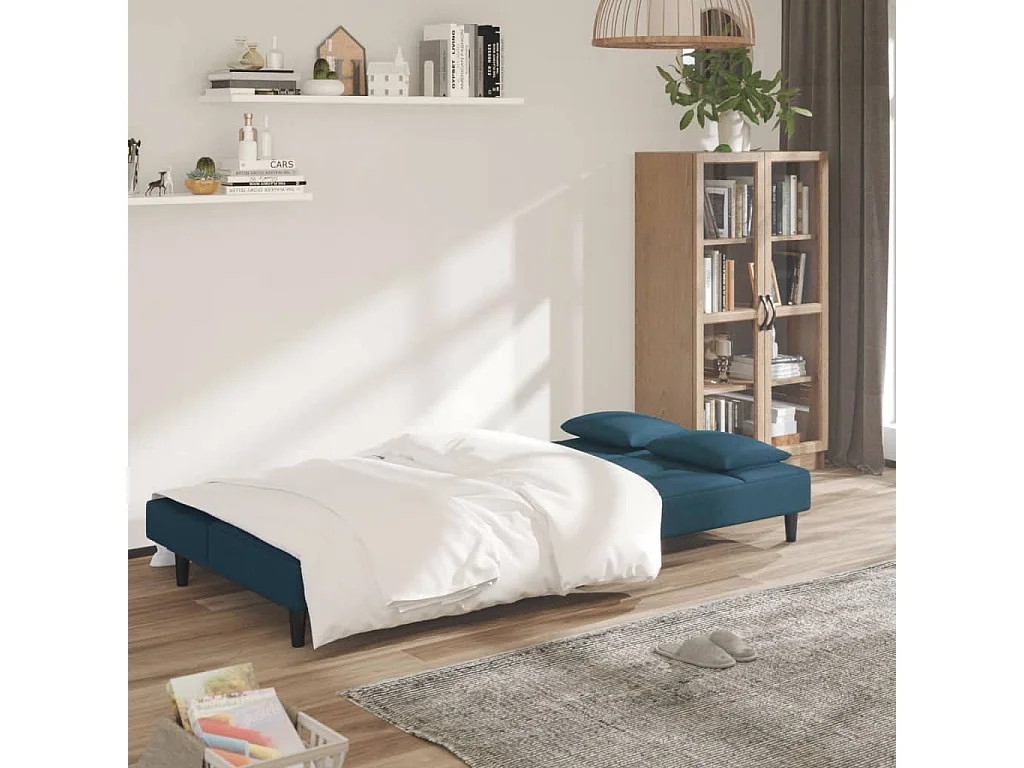 Sofá-cama 2 lugares com duas almofadas veludo azul