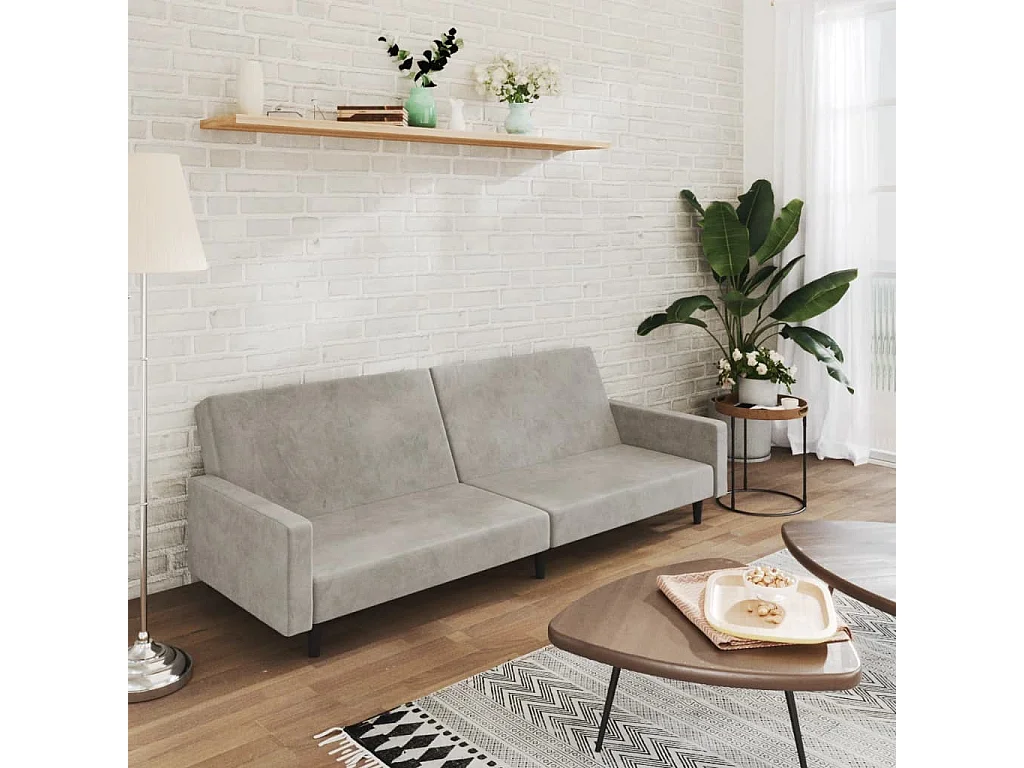 Sofá-cama de 2 lugares veludo cinzento-claro