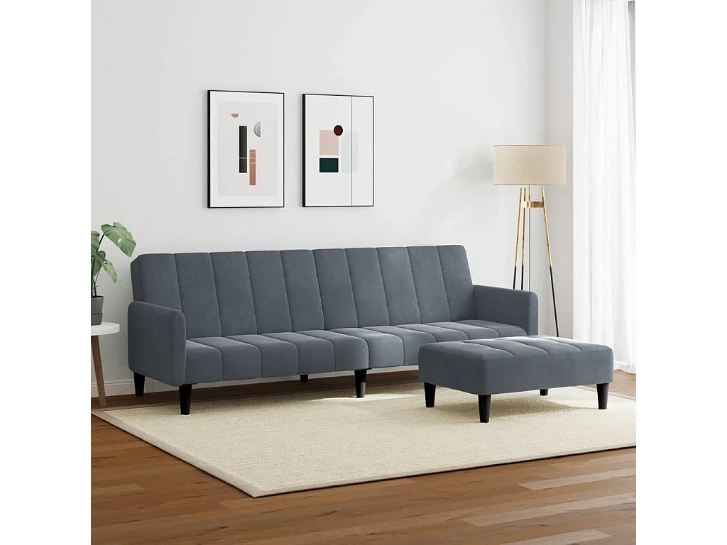 Sofá-cama 2 lugares c/ apoio de pés veludo cinzento-escuro