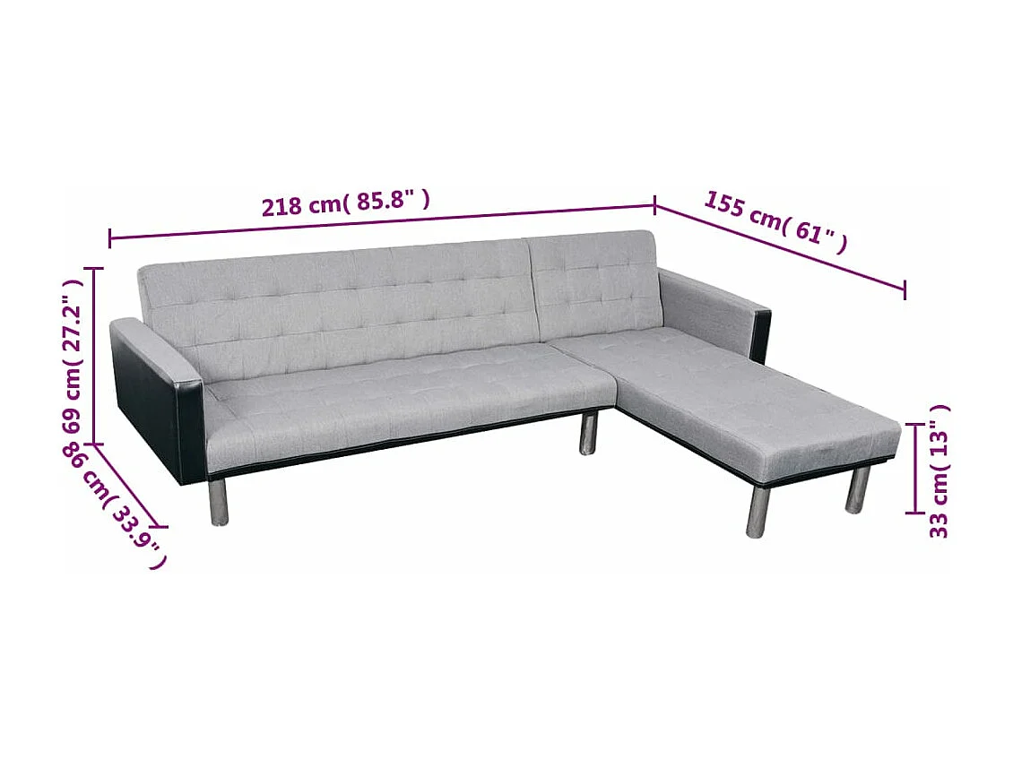 Canapé-lit en forme de L tissu noir et gris